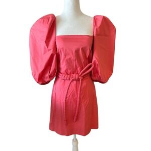 Johanna Ortiz Puff Sleeve Coral Mini Dress SZ 4 Belted Camelia Rhythm Coquette